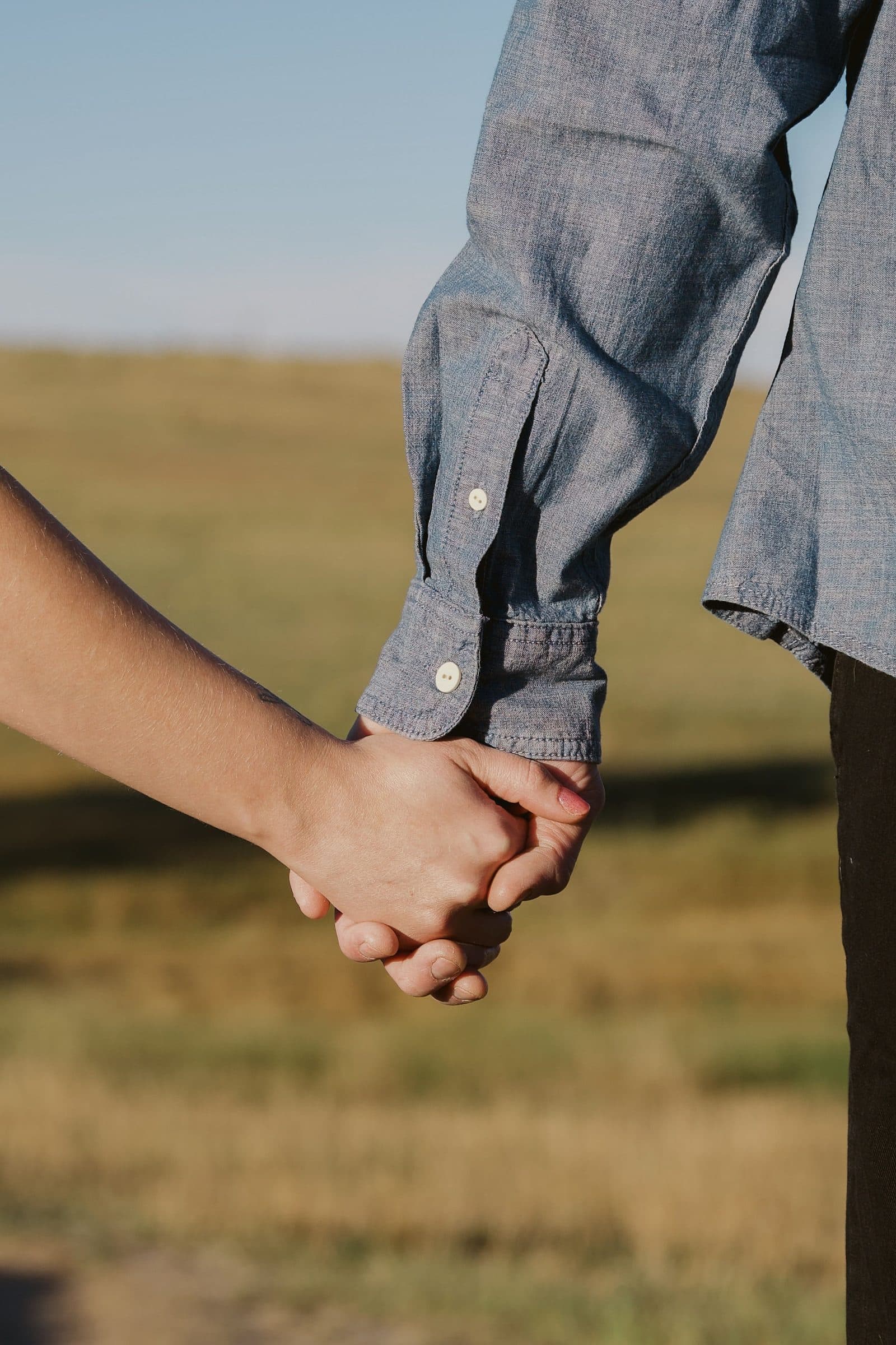 Close-up of a parent and child holding hands in a field